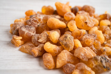 Frankincense or olibanum aromatic resin used in incense and perfumes.