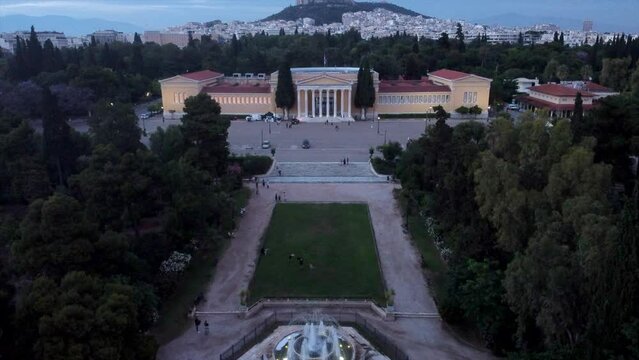 4k Aerial Zappeion Hall Neoclassical Megaron Athens Greece Blue hour
