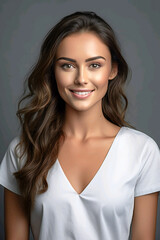 Obraz premium Studio photography of a smiling beautiful female nurse with long brown hair. 