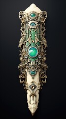 an ancient white bone and emerald gemstone relic, intricate engraving, concept art style