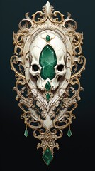 an ancient white bone and emerald gemstone relic, intricate engraving, concept art style