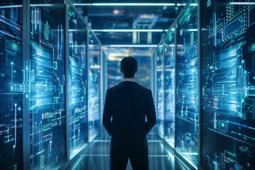 Generative ai collage image photo of professional it specialist analyzing data warehouse room