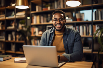 Obraz premium Photography of happy smiling handsome middle aged man lecturer preparing to lesson on library bookshelf background generative AI