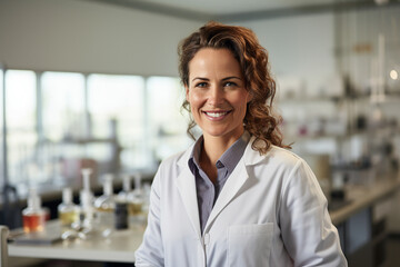Generative AI portrait of happy beautiful professional biology teacher in lab coat set against a blurred laboratory background