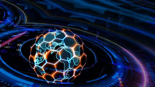 Quantum futuristic technology computer with digital ring hexagon and red blue laser animation cover and protection and earth map with latitude longitude scanning