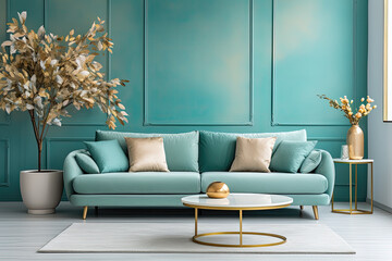 Interior design modern minimal living room with cyan tone, interior luxury style, resort or hotel with luxury, three-dimensional, generative ai.