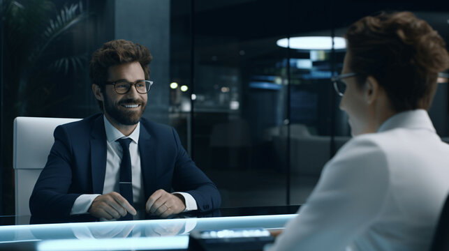 In a high-quality, sharp image,a white-collar man engages in a conversation in an office that resembles a bank setting.He is seen conversing with someone,while computer sits.Generative AI illustration