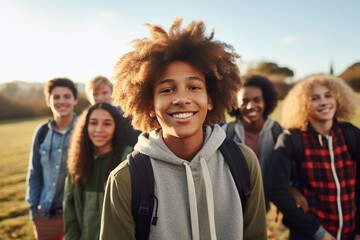 Obraz premium Generative AI image of many students best friends walking to school together september day