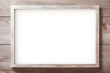Blank white board in a wooden frame against a wooden surface. Generative AI