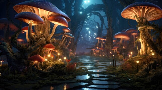 fantasy deep forest luminous huge mushrooms and luminous fireflies