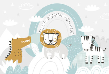 Vector children cute lion, zebra, crocodile and rainbow illustration in scandinavian style. Mountain landscape, clouds. Children's tropical wallpaper. Jungle, children's room design, wall decor.