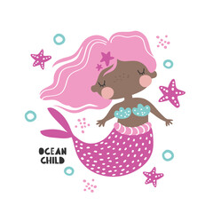 Cute mermaid girl with pink hair and underwater elements on white background. Vector hand drawn illustration for children. Mermaid clipart for girls. Sea, ocean. Card, print, poster, invitation.
