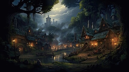 Obraz na płótnie Canvas quaint dark mystical forest village market, fairy magic