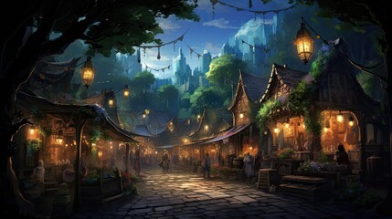 Fototapeta premium quaint dark mystical forest village market, fairy magic