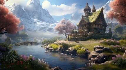 silent surreal fantasy realm, enchanted, viking house covered by spring flowers