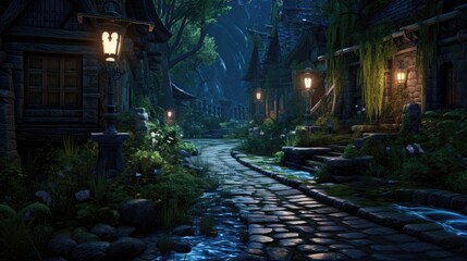 a rain wet street at night with an old medieval house