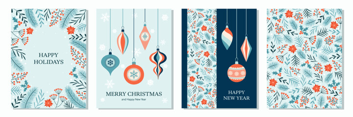 Christmas greeting cards collection. Holiday design with hand drawn baubles and winter floral elements. Seamless pattern. - obrazy, fototapety, plakaty