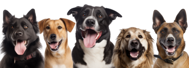 Close-up of happy smilling adult dogs of different breeds isolated on white background generative ai