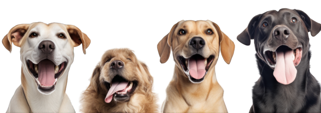 Close-up of happy smilling adult dogs of different breeds isolated on white background generative ai