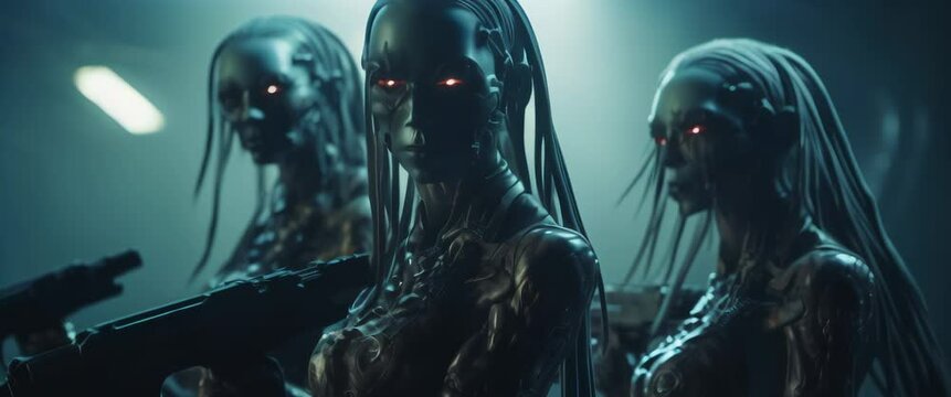 Portrait female cyberpunk soldier in futuristic suit. Fantastic warriors with assault gun standing against wall illuminated by blue neon light in modern city street. Cyberpunk, science fiction. High