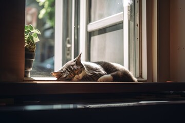 Cat sleeping on windowsill near pot with tree. Cozy summer mood.