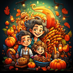 A Whimsical Harvest Tale: Embracing the Spirit of Thanksgiving through Cartoon-Styled Illustration - Generative AI