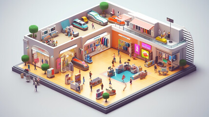 3D of the shopping mall. Business concept. Isometric style. Generative AI. - obrazy, fototapety, plakaty
