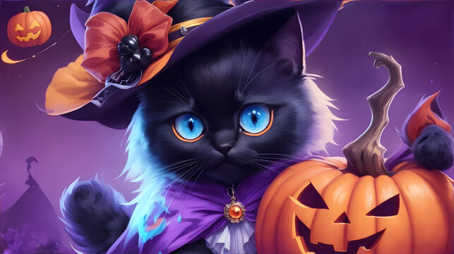 A cute Birman cat with a black face wearing a witch costume at a Halloween party decorated with pumpkins.
