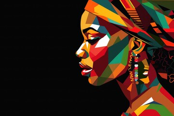 An african tribal woman on a background of, red, yellow and green with a lot of negatiive space, banner for black history month