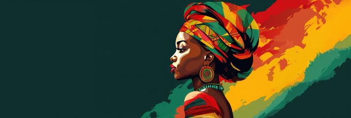 An african tribal woman on a background of, red, yellow and green with a lot of negatiive space, banner for black history month - obrazy, fototapety, plakaty