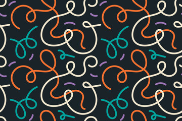 Bright colored squiggle doodle seamless pattern. Creative abstract endless line style drawing background