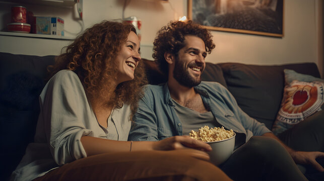 Young happy couple watching movie on TV at home and eating popcorn while relaxing in the living room.