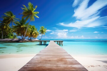 jetty on tropical beach seascape with palm trees