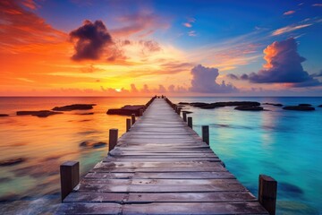 Obraz premium jetty on tropical seascape at beautiful sunset