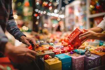 Selective focus, hand are selecting souvenir and colourful gift present boxes on the shelf and box at the counter of stall during christmas season. Generative AI. - obrazy, fototapety, plakaty