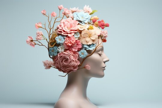 woman head model blooming mental health concept