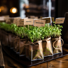 Green sprouts of microgreens carefully packed in craft bags for sale. Growing sprouted seeds, microgreens. Healthy lifestyle.