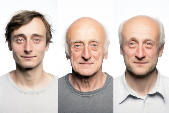 A collage of three photographs of a person at different ages. Male 25 years old, 55s, 75s.  Stages of aging and changes in appearance