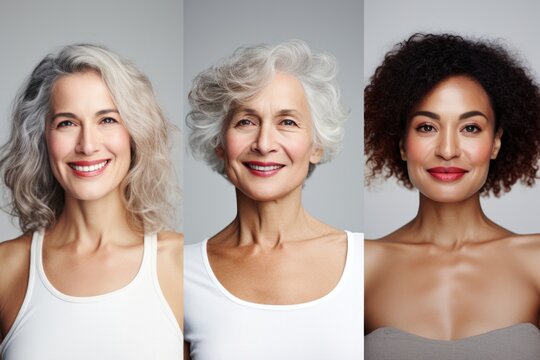 Photo collage with charming well-looking diversity women looking at the camera, crowded screen with portraits of beautiful female different ages and ethnicity. Women power and femininity concept