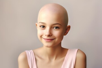 Weak caucasian girl with cancer. Optimistic girl with shaved head after chemotherapy. Healthcare and medical. Childhood cancer awareness concept. World cancer day