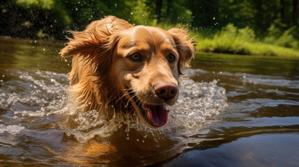 Dog taking a refreshing dip in a spring pond cool wet, Background, Illustrations, HD