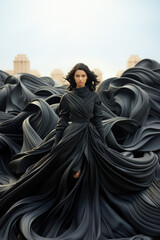 Fashion model female draped in flowing black fabric