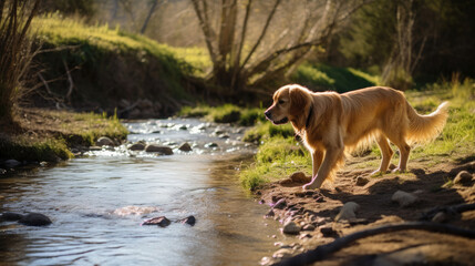 Golden Retriever Walking Beside A Spring Creek, Background, Illustrations, HD