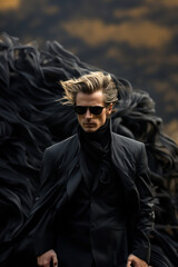 Fashion model male dressed in black surrounded by flowing black fabric