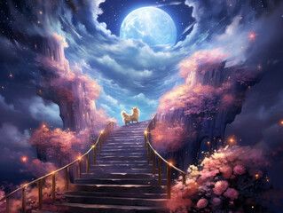 Fantasy landscape with stairs leading to the moon