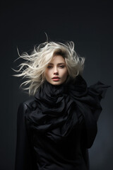 Fashion model female draped in flowing black fabric