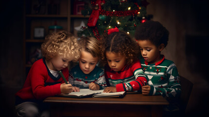 Merry Christmas and Happy Holidays! Cute little kids writing the letter to Santa Claus near Christmas background