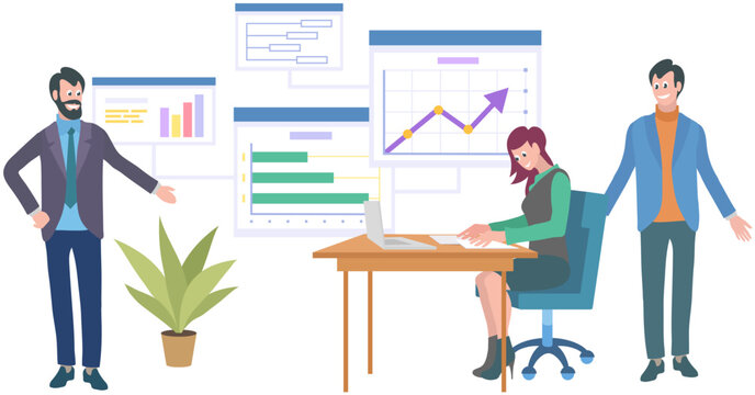 Office workers. Vector illustration. A business person stays updated on industry trends and market conditions The office workplace fosters collaboration and knowledge sharing Teamwork promotes synergy