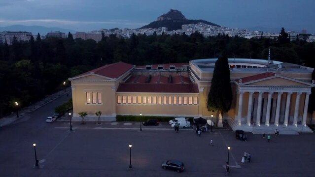 4k Aerial Zappeion Hall Neoclassical Megaron Athens Greece Blue hour
