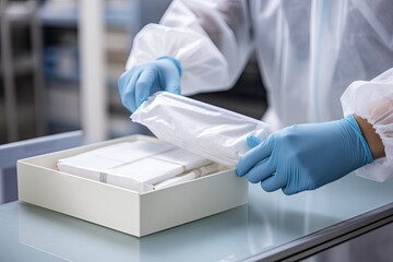 A doctor or laboratory assistant in a medical gown and latex gloves unpacks a package on the table in the laboratory. - obrazy, fototapety, plakaty